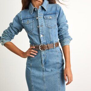 Lulus Alarie Medium Wash Denim Long Sleeve Midi Dress Blue - Size S